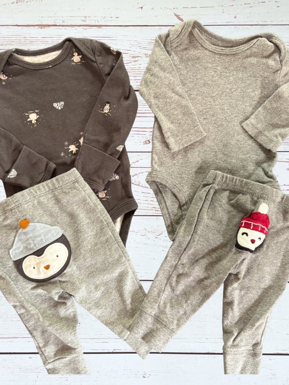 3M Penguin Baby Outfit Bundle | Long Sleeve Bodysuits & Pants Set | Winter Baby